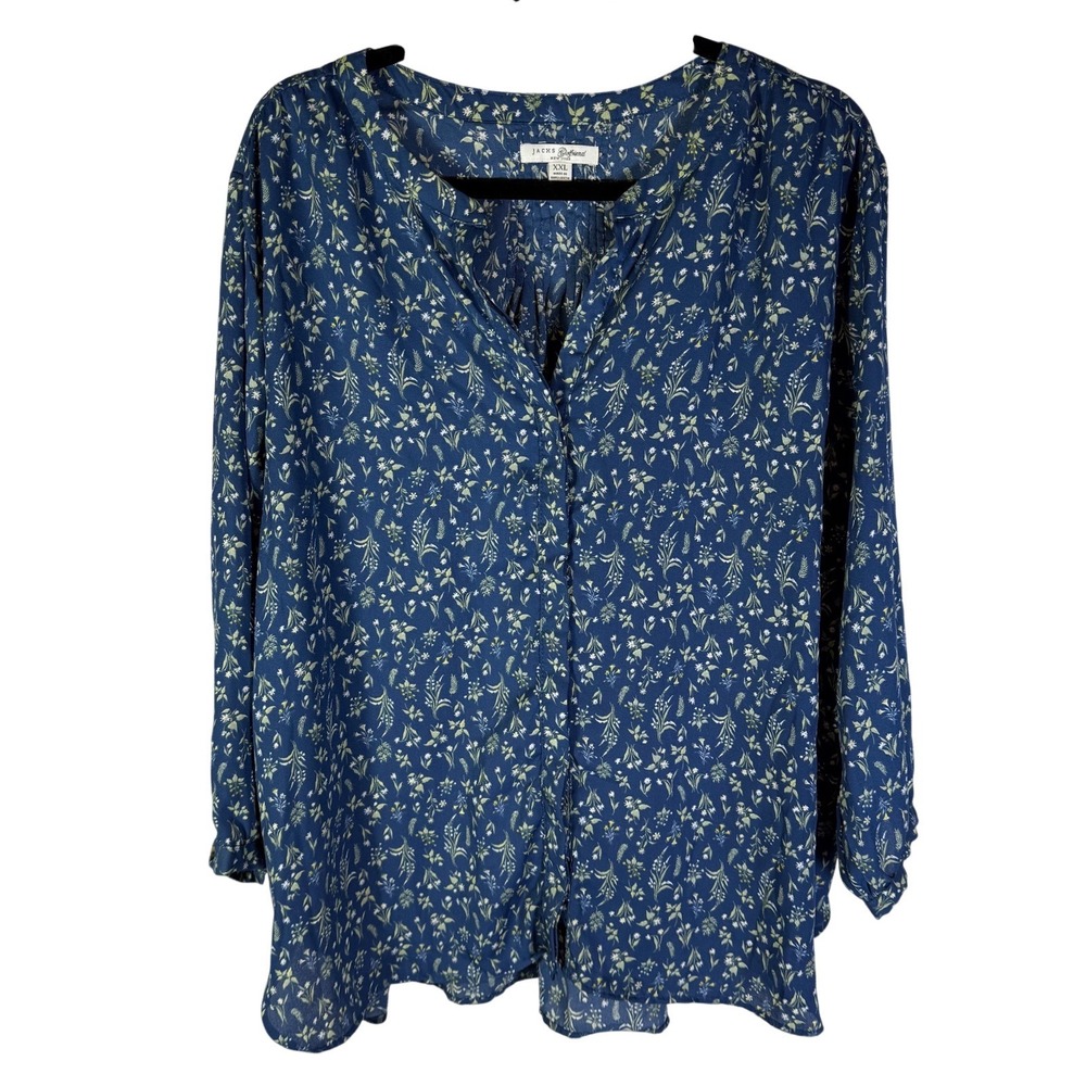 Jachs Girlfriend Blue Floral Pintuck Button Down Blouse XXL Long Sleeve